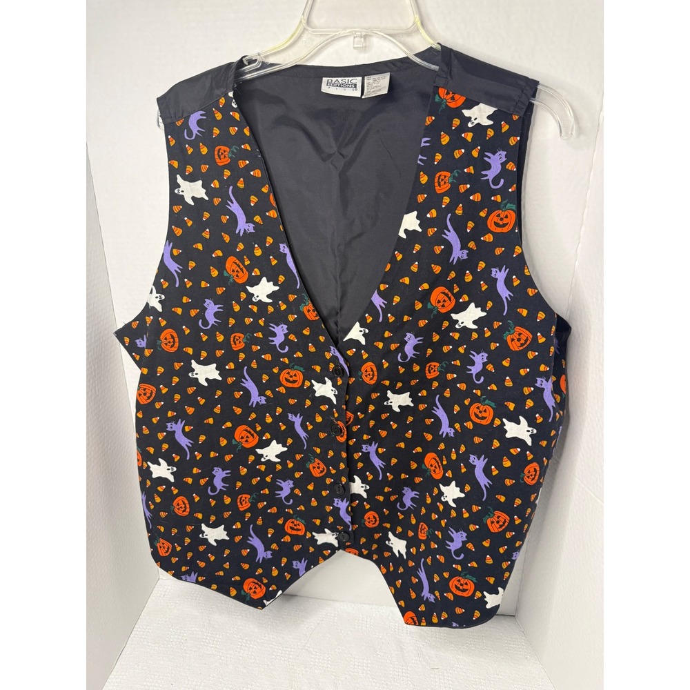 Basic Editions Plus 22W Halloween Print Vest Women's Black Orange Ghost Pumpkins